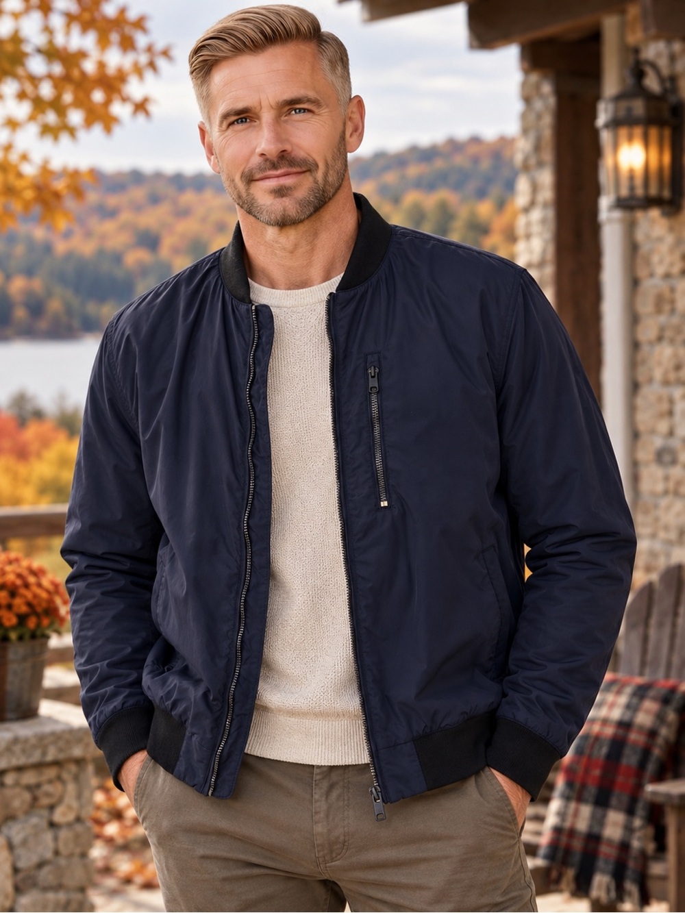 H&M Men’s XL Navy Bomber Jacket Lightweight Full Zip Flight Jacket